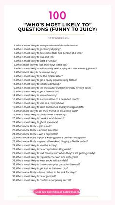 Whos Most Likely Too Questions Friends, Who Mostly Like To Question, Random Topics To Talk About With Friends, Questions To Ask Your Friends Funny, Whos Most Likely To Questions Bff, Who's More Likely To Questions Friends, Juicy Most Likely To Questions, Q And A Questions Friends Juicy Topics