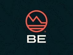 the be logo on a black background with red and white lines in the shape of mountains