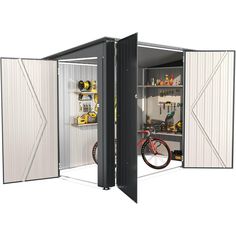 an open metal storage shed with a bicycle in the door and shelves on each side