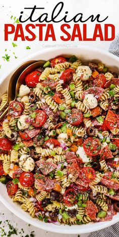 a pasta salad in a white bowl with the title above it that reads italian pasta salad