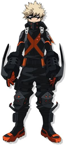 an anime character wearing black and orange armor