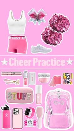 a pink poster with various items on it and the words cheer practice written in white