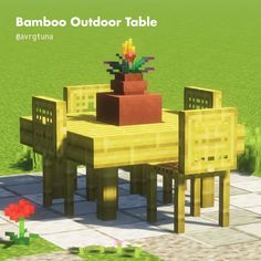 an image of a table and chairs made out of lego blocks with flowers on top