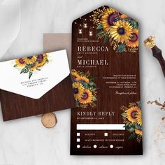 wedding stationery with sunflowers and wood