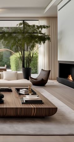 a modern living room with white couches and wooden tables in front of a fireplace