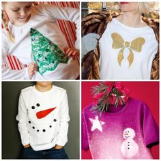 four different sweaters with snowmen and christmas trees on them, one is wearing a santa hat