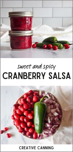 Discover a sweet and spicy cranberry salsa canning recipe that balances tangy cranberries with a kick from Serrano peppers. Ideal for pairing with cream cheese or as a unique topping for grilled meats, this salsa is a must-try for the holidays! Find more holiday recipes, preserving cranberries, Thanksgiving side dishes, and Fall Canning Ideas at creativecanning.com. Sweet Hot Salsa Recipe, Cranberry Salsa Canning Recipe, Preserving Cranberries, Cranberry Pepper Jelly Recipe, Cranberries Thanksgiving, Canning Hot Peppers, Canning Soup Recipes, Salsa Canning Recipes, Canning Jam Recipes