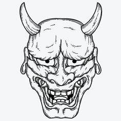 a demon mask with horns and fangs on it's face, drawn in black ink