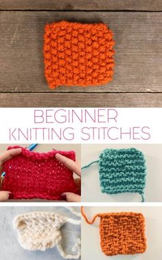 crocheted granny stitchs are shown with the text, beginner knitting stitches