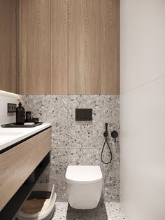 a white toilet sitting in a bathroom next to a sink and shower head mounted on a wall