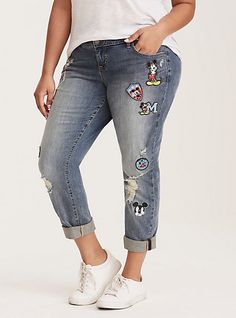 Premium Mickey Mouse Patch Boyfriend JeansPremium Mickey Mouse Patch Boyfriend Jeans, MICKEY COMIC Old School Mickey Mouse, Dresses For Apple Shape, Women's Plus Size Jeans, Womens Dress Coats, Disney Inspired Fashion, Cute Pants, Active Outfits, Boyfriend Jean, Jeans Diy