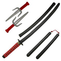 two swords, one with red handles and the other with black handles are shown next to each other