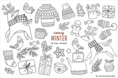 christmas doodles with the words cozy winter