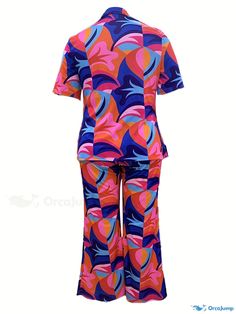 Orcajump - Plus Size Vacay Outfits Set, Women's Plus Tropical Print Short Sleeve Blouse & Wide Leg Pants Outfits Two Piece Set Multicolor Matching Set Bottoms For Vacation, Fitted Multicolor Sets With Long Pants, Fitted Multicolor Long Pants Sets, Outfits Two Piece, Wide Leg Pants Outfits, Vacay Outfits, Pants Outfits, Printed Sleeves, Two Piece Set