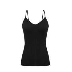 flat lay image of black camisole Stretch Tops With Built-in Bra For Layering, Workout Top With Built-in Bra And Second-skin Fit, Yoga Tops With Built-in Bra And Second-skin Fit, Chic High Stretch Tank Top With Built-in Bra, Fitted Cami Tank Top With Built-in Bra, Spring Nylon Camisole With Built-in Bra, Elegant Tops With Adjustable Straps For Layering, Nylon Cami Top With Built-in Bra, Medium Support Camisole Tank Top With Built-in Bra