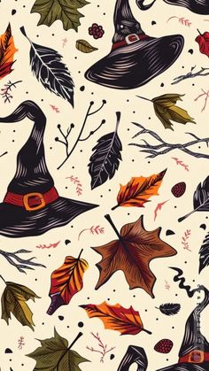 a pattern with witches hats and leaves