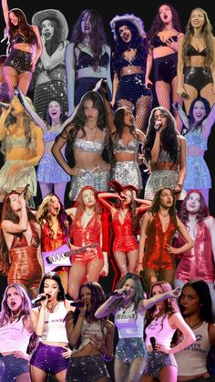 many different pictures of women in costumes and one is singing into a microphone with her hands up