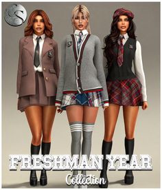 three girls dressed in school uniforms are standing next to each other and the caption reads, freshman year collection