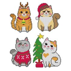 four different types of cats in sweaters and hats, each with a christmas tree