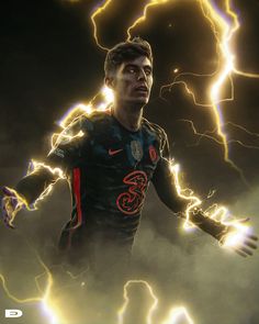 a digital painting of a soccer player with lightning in the background