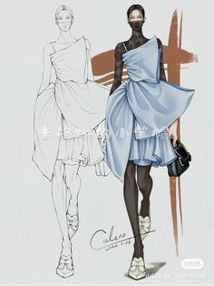 a drawing of two women walking down the runway