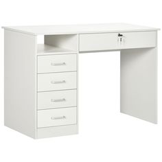 a white desk with three drawers on it