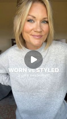 Beth Kohler on Instagram: "Neutral can be boring but it doesn’t have to be. ☺️  Here are a few ideas to up-style an otherwise dull, gray sweatshirt by adding a pop of personality.  If you follow me on @liketoknow.it I’ll link as many things as I can.  The lip color is @maybelline lifter gloss in the color 014-HEAT  #styledit #neutralstyle #momstyle #upstyled #casualstyle #walmartstyle #walmartfinds #walmartfashion #wiw #fallstyle #sweatshirtweather" Sweatshirt Button Up Outfit, Gray Crew Neck Sweatshirt Outfit, Ivory Sweater Outfit Winter, White And Navy Striped Sweater Outfit, Gray Sweater And Jeans Outfit, How To Dress Up A Sweatshirt For Work, How To Style A Grey Sweater, Grey Shirt And Jeans Outfit, Sweater Too Big Hacks