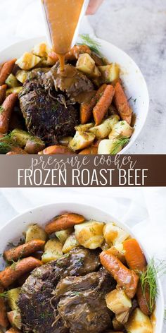 two pictures showing how to make the best frozen roast beef recipe in one pan and then serving it with carrots, potatoes, and gravy