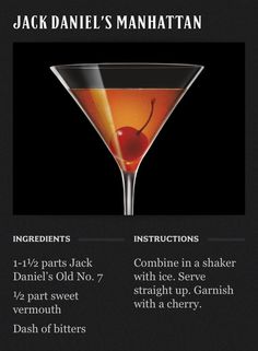 the jack daniels manhattan cocktail recipe is shown in this image, with instructions for how to make