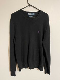 I have for sale a VTG Polo Ralph Lauren Pima Cotton Italian Yarn Black Pullover Sweater - Men's XL. Nice condition great looking sweater. Nice black color with embroidered purple chest pony logo. 100% pima cotton. Made of Italian Yarn. Measures 24 inches from armpit to armpit 28 1/2 inches in length 34 inches from the collar to the end of the sleeve Ships Fast and Free! Black Polo Sweater With Ribbed Collar Crew Neck, Black Crew Neck Polo Sweater, Casual Black Crew Neck Polo Sweater, Black Crew Neck Polo Sweater With Ribbed Cuffs, Classic Black Crew Neck Sweater, Classic Black Crew Sweater, Classic Black Sweater With Ribbed Collar, Black Long Sleeve Cotton Polo Sweater, Classic Black Winter Sweatshirt