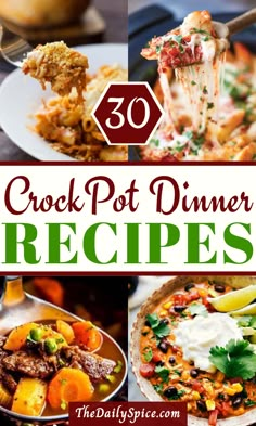 the top 50 crock pot dinner recipes are featured in this collage with text overlay