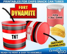 printables for chips and snacks can tubes - fort dymmitte, ready to print & easy to assemble