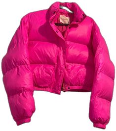 Hot Pink Puffer Coat, Hot Pink Puff Jacket, Spring Pink Puffer Jacket With Padded Collar, Pink Spring Puffer Jacket With Padded Collar, Pink Puffer Jacket With Padded Collar For Spring, Pink Puffer Outerwear For Fall, Trendy Pink Outerwear With Padded Collar, Fitted Puffer Cropped Jacket, Trendy Long Sleeve Puffer Cropped Jacket