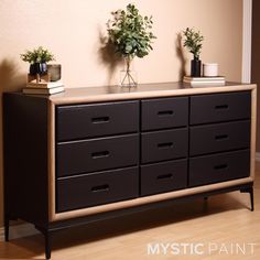 a black dresser with many drawers and plants on top, in front of a beige wall