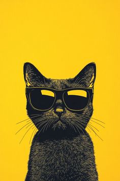 a black cat wearing sunglasses on top of a yellow background