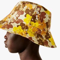 Brand New With Tags Zara Retro Floral Print Bucket Hat (Size Small) This Bucket Hat Can Be Taken Straight Into Fall With Earthy Rendered In A Palette Of Bright, Uplifting Browns And Orange Hue Tones, Printed Accessory Is A Standout Staple. This Sweetly Hat Lends A Dose Of Sartorial Sunshine To Summertime Ensembles Multicoloured | 0653/215 Material & Care: * 100% Cotton * Spot Clean * Imported Comes From A Smoke/Pet Free Home! Trendy Yellow Sun Hat For Vacation, Trendy Yellow Hats For Spring, Trendy Yellow Sun Hat For Spring, Casual Yellow Hat For Spring, Casual Yellow Sun Hat For Spring, Trendy Yellow Beach Bucket Hat, Trendy Yellow Bucket Hat For Beach, Yellow Bucket Hat With Short Brim For Vacation, Yellow Flat Brim Bucket Hat For Beach