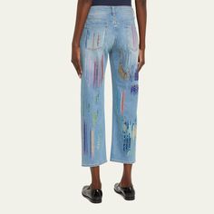 Libertine "FWB" boyfriend jeans features multicolor crystal details throughout  Approx. 26" inseam Mid-rise; sits high on hip Button/zip fly; belt loops  Five-pocket style Straight legs  Cropped fit Cotton/elastane Dry clean Imported Boyfriend Jeans, Mid Rise, Tops Designs, Straight Leg, Dry Clean, Luxury Fashion, Crystals