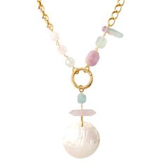 Doesn't this necklace look so yummy that you almost want to eat it?  Hence it's name, "candy crystal"!  What also makes this necklace fun, is that you can detach the pendant and wear it as a singular piece.  It's made of aquamarine, rose quartz, kunzite, dyed cracked quartz, and coated quartz. Gold-plated Pearl Pendant Dangle Necklace, Handmade Pink Gold-plated Necklaces, Handmade Pink Gold-plated Necklace, Mother Of Pearl Mosaic, Czech Jewelry, Candy Crystals, Diy Necklaces, Pearl Necklace Set, Aquamarine Beads