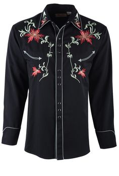 Western Black Button-up Shirt, Black Western Button-up Shirt, Western Style Black Button-up Shirt, Embroidered Button-up Western Tops, Western Style Embroidered Button-up Top, Western Long Sleeve Top With Floral Embroidery, Black Collared Shirt With Floral Embroidery, Western Black Shirt For Ranch, Western Style Black Shirt For Ranch