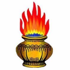 a gold vase with red and yellow flames coming out of it's top, on a white background