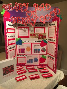 a display board with information about berry - based foods on it at a school fair