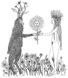 a drawing of a woman holding a cross next to a bear with sunflowers on its head