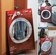 a woman is looking at her clothes in the washing machine