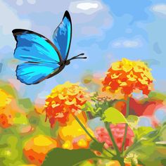 a blue butterfly is flying over some flowers