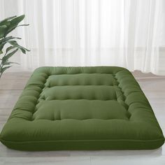 a green futon mattress sitting on top of a wooden floor next to a potted plant