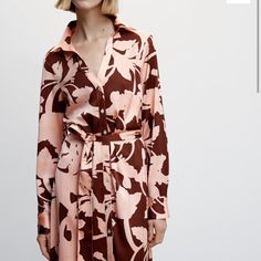 Brand New With Tags Size Xs - 2 Satin Brown And Pink Floral Midi Dress Same Day Shipping Womens Office, Mango Dress, Casual White Dress, Stylish Work Outfits, Floral Print Shirt, Printed Shirt Dress, Satin Midi Dress, Straight Trousers, Midi Shirt Dress