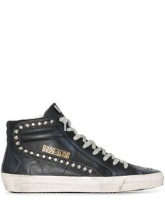 Golden Goose Slide Distressed Studded Sneakers - Farfetch Golden Goose Slide, Studded Sneakers, Golden Goose Sneakers, Golden Goose Deluxe Brand, Black High Tops, Golden Goose Shoes, Womens Athletic Shoes, Studded Leather, Classic Sneakers