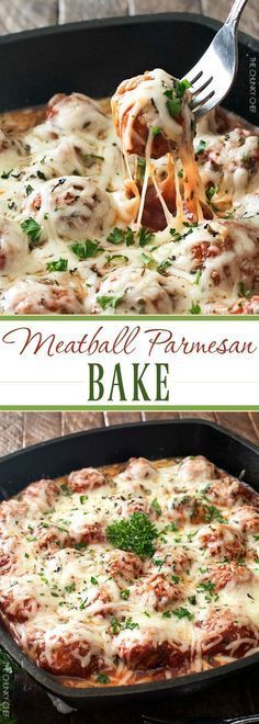 two images showing different types of meatball parmesan bake