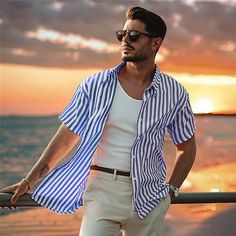 Sleeve Length:Short Sleeve; Gender:Men's; Style:Vacation,Casual Daily,Daily; Tops Type:Shirt; Occasion:Casual,Athleisure,Work,Causal,Party / Evening,Sports  Outdoor; Pattern:Striped; Design:Button; Neckline:Turndown,Shirt Collar; Brand:Ador; Listing Date:05/03/2024 Mens Striped Beach Shirt, Mens Vacation Outfits, Casual Short Sleeve T-shirt For Sailing, Striped Shirt Men, Tuxedo Shirt Men, Round Neck Mens Stripe T-shirts China, Blue Moisture-wicking Casual Polo Shirt, Womens Basic Tops, Nautical Navy Short Sleeve T-shirt