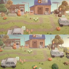 there are two pictures of the same house and car in front of it with pumpkins on the ground